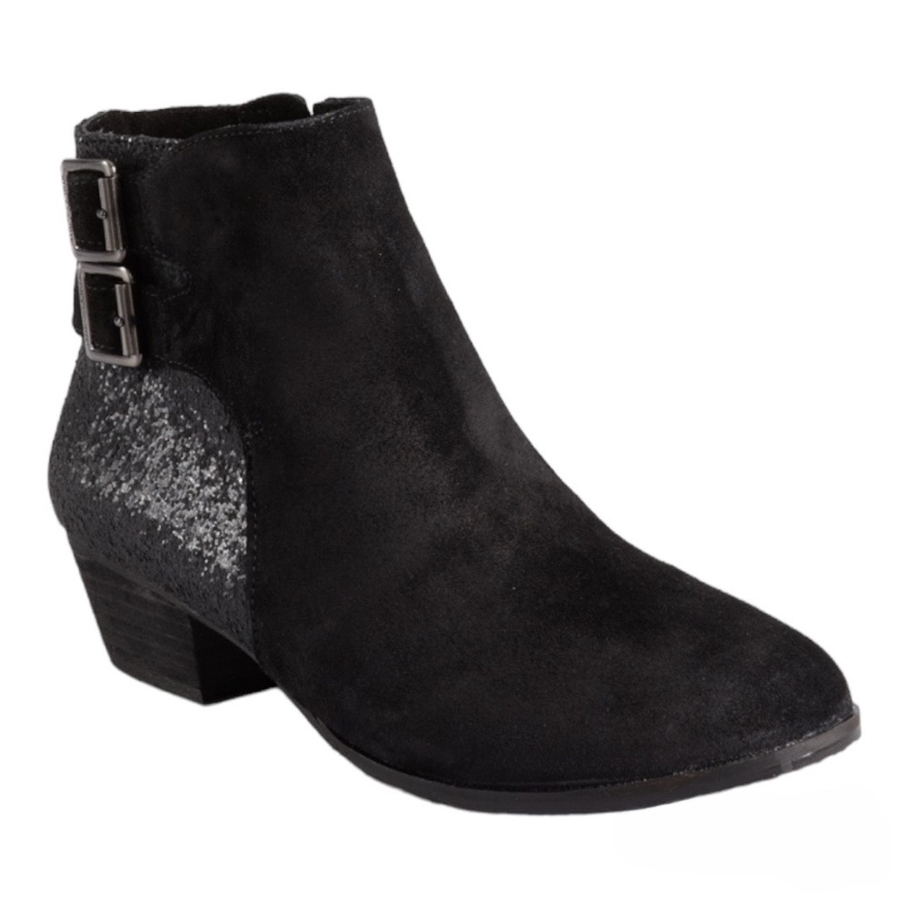 Vince Camuto Women's Size 7B/37 Madalline Black Glitter Suede Ankle Boot Buckle